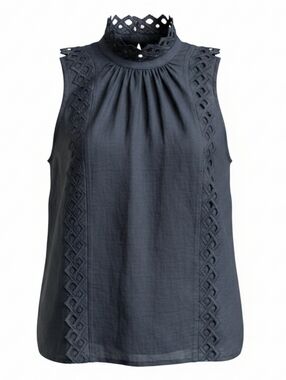 Frame Denim NWT Ramie Black Embroidered High Neck Sleeveless Blouse Size Small